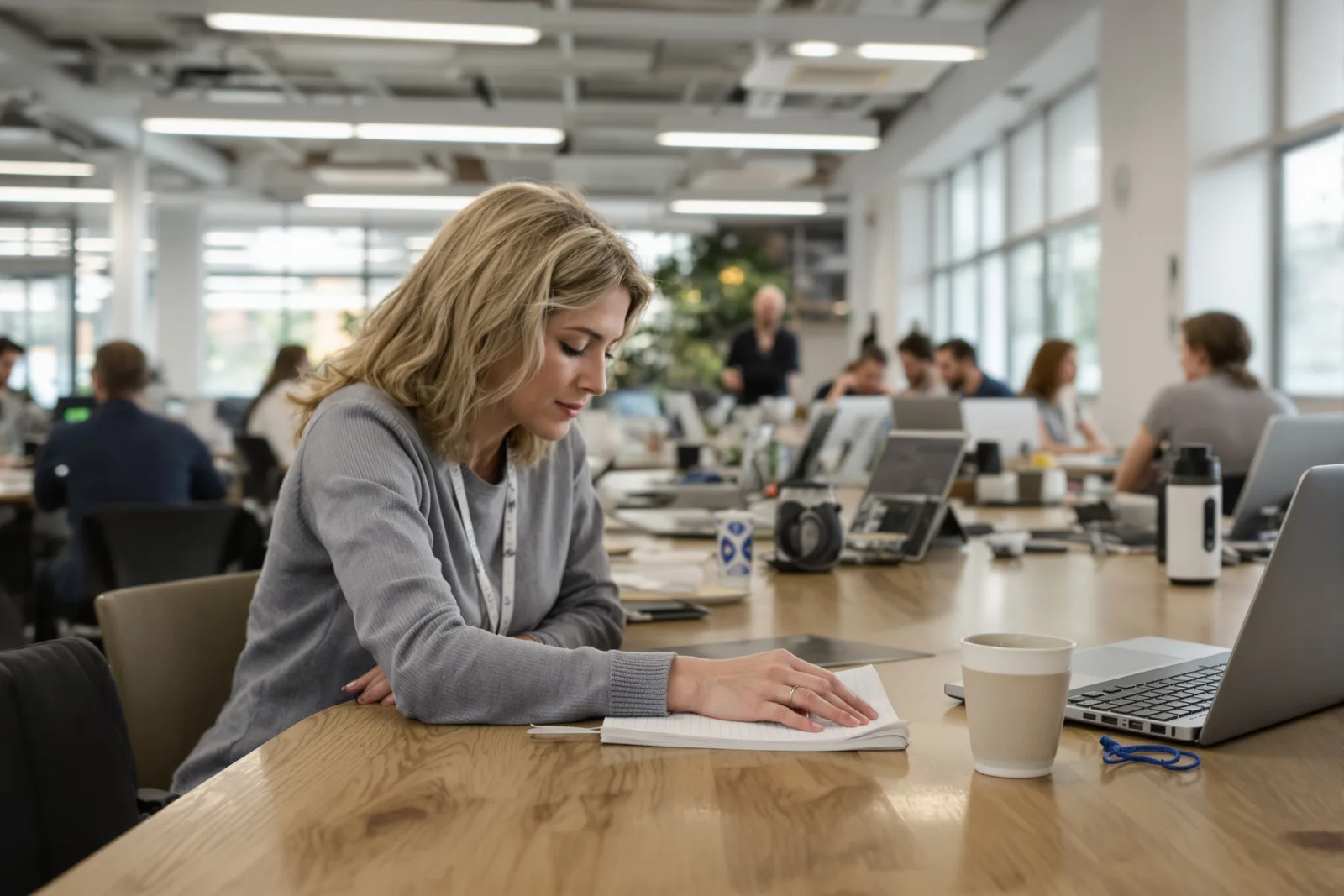 Founder rests her hand calmly on the desk in a co-working space: hypnosis for entrepreneurs at work