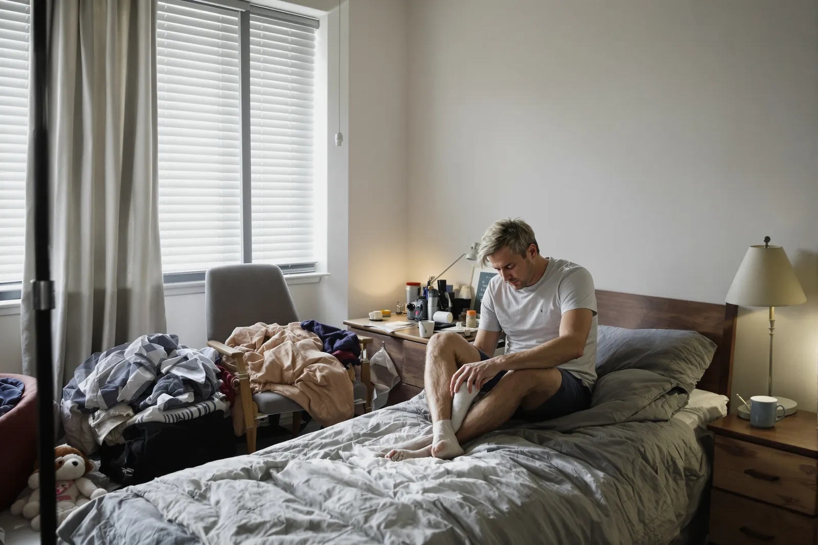 Man sitting on the edge of his bed pulling on socks: a realistic morning routine before work starts with small steps