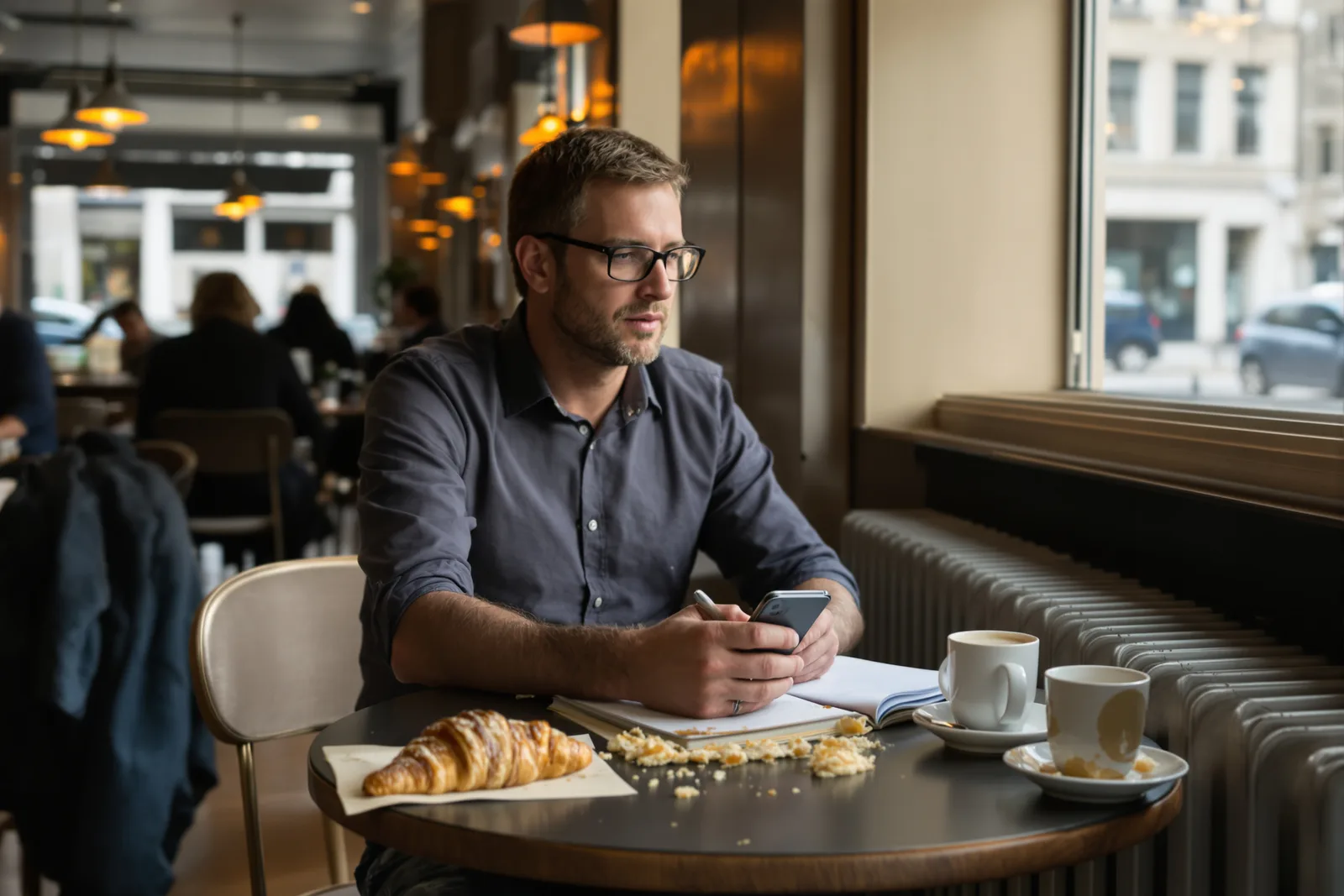 Man in a café holding his smartphone and looking out the window, the moment he starts checking his phone again