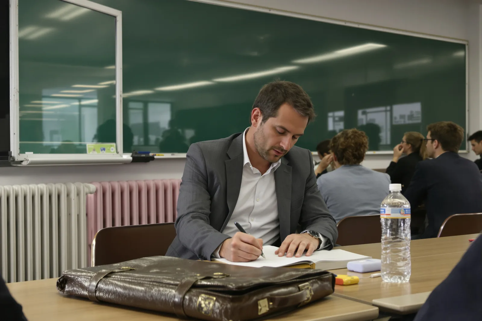 Mann im Sakko schreibt in einem Seminarraum Notizen: sich beruflich neu erfinden durch Weiterbildung