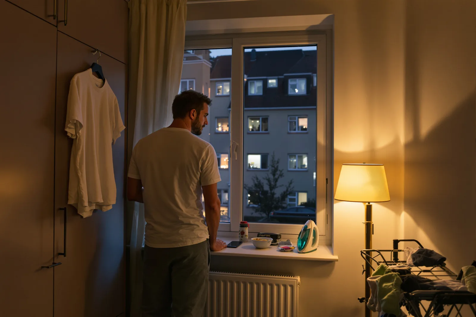 Mann steht am Abend nachdenklich am Fenster, daneben Wäsche und Bügeleisen – Montagsblues kündigt sich an