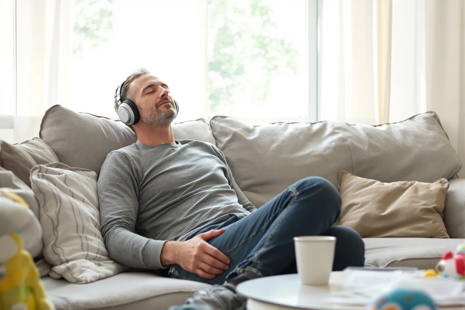 Mann mit Kopfhörern lehnt tagsüber entspannt auf dem Sofa und hört eine Hypnose – was ist Hypnose im Alltag?