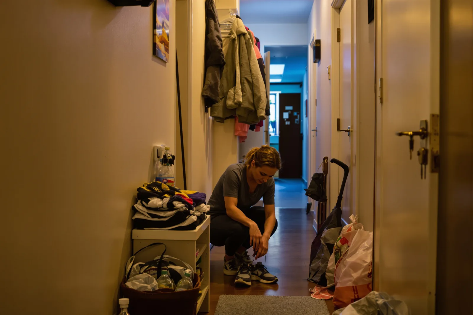10 second rule procrastination: woman tying her shoes in a cluttered hallway, the small first step