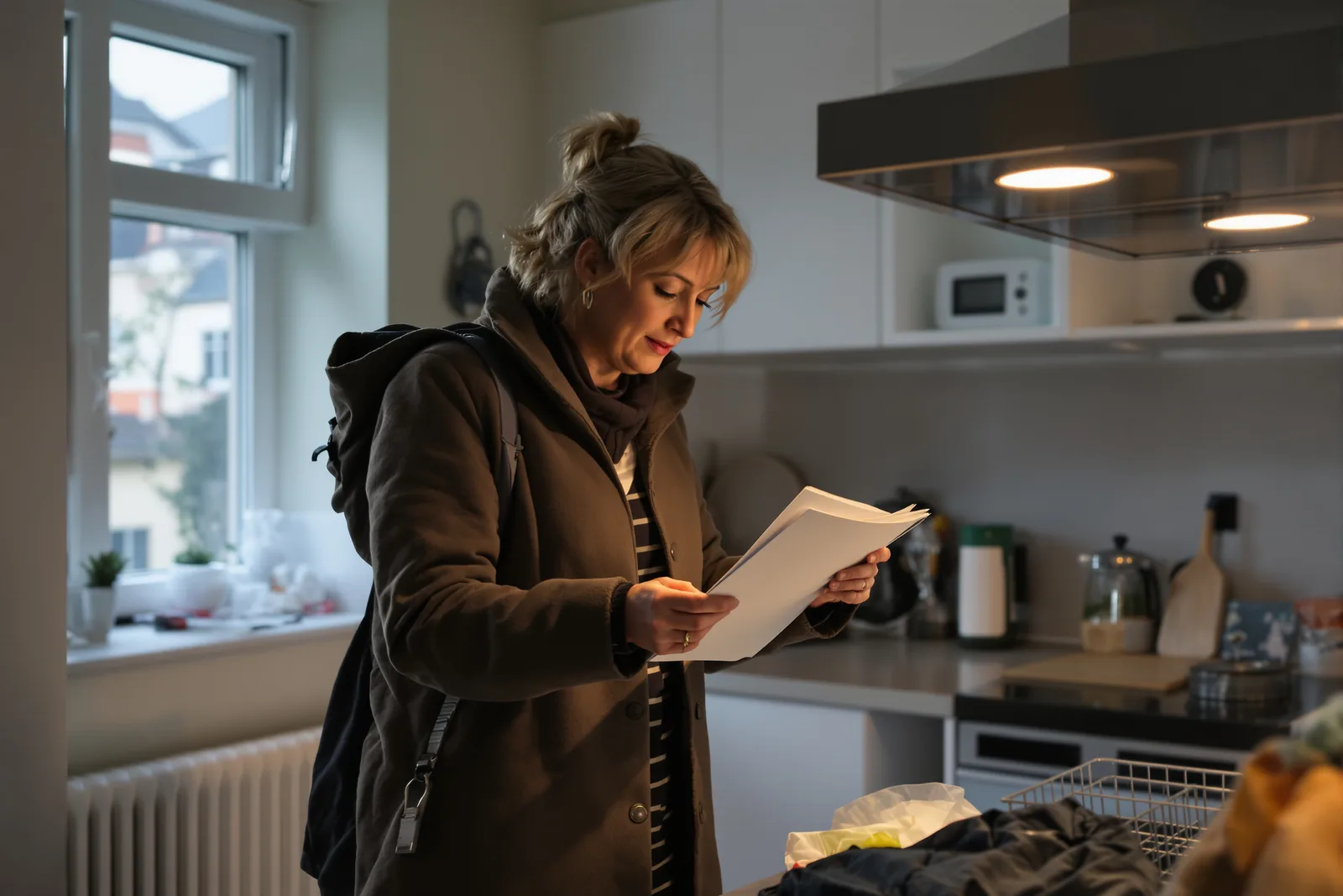 Frau in Mantel liest morgens in der Küche Unterlagen, bevor sie losgeht – kleine Schritte, um Motivation zu finden