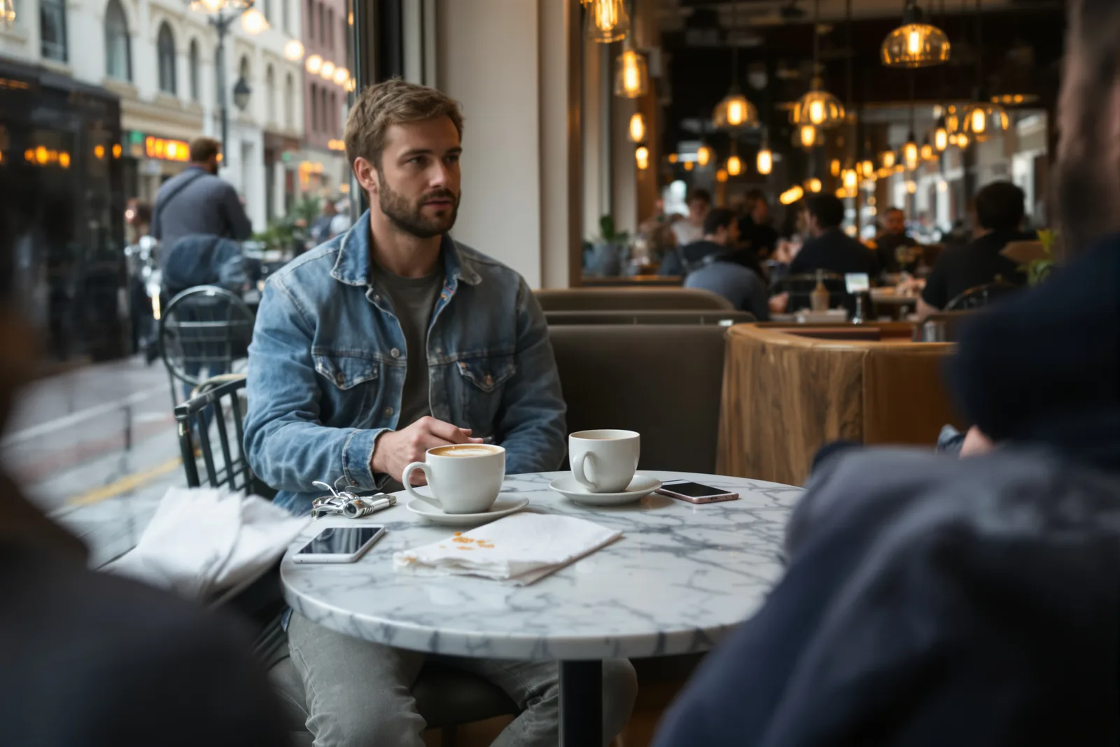 Mann sitzt nachdenklich mit Kaffee im Café und hört seinem Gegenüber zu – ein Gespräch über Selbstablehnung