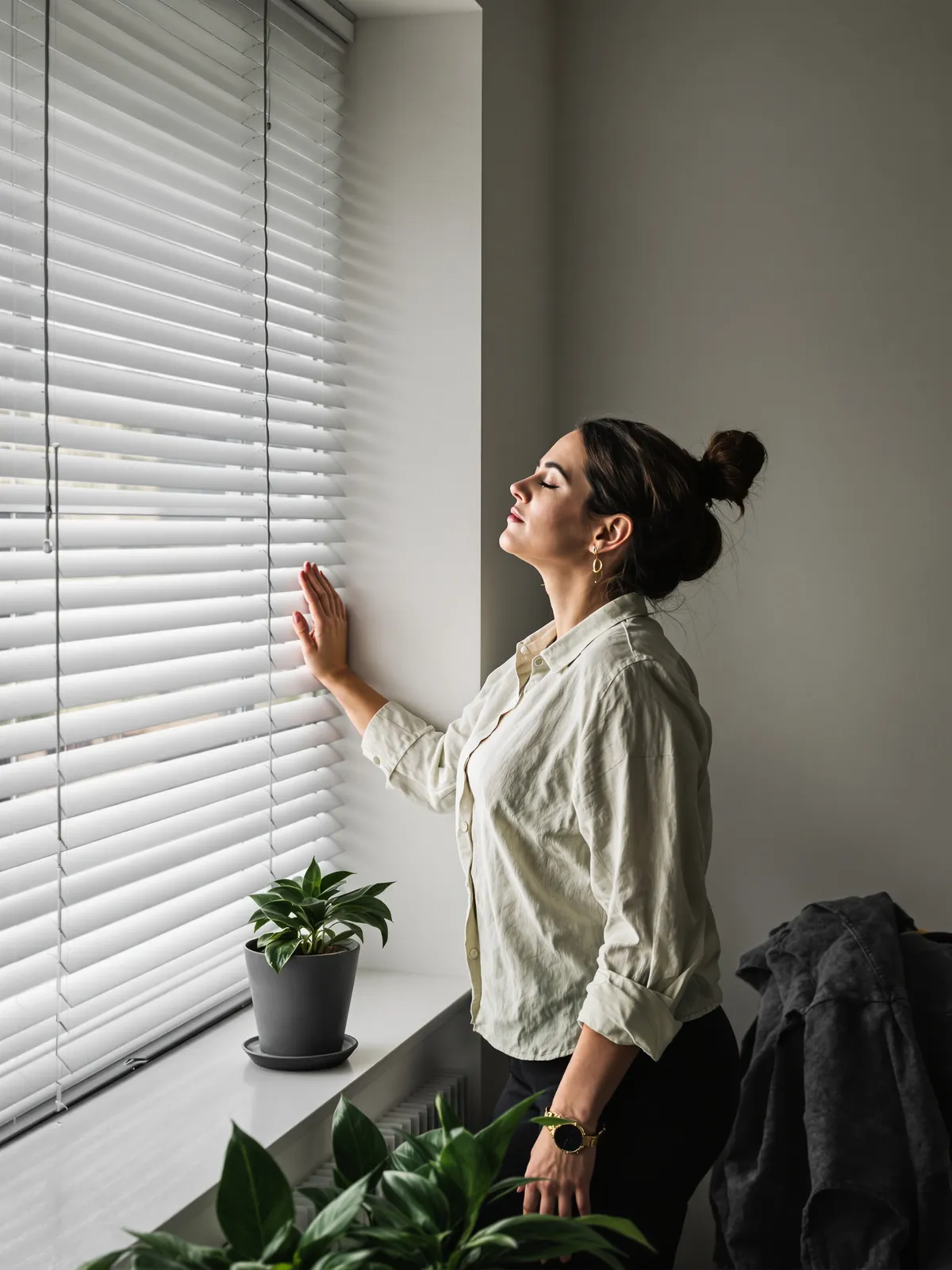 Unternehmerin atmet am Bürofenster durch, bevor die Verhandlung beginnt