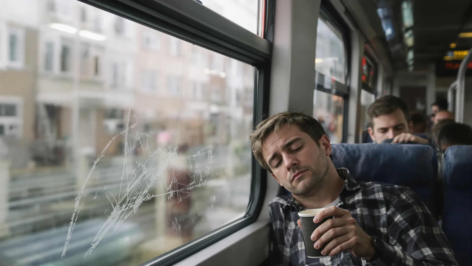 Müder Pendler lehnt am frühen Montagmorgen den Kopf ans Zugfenster